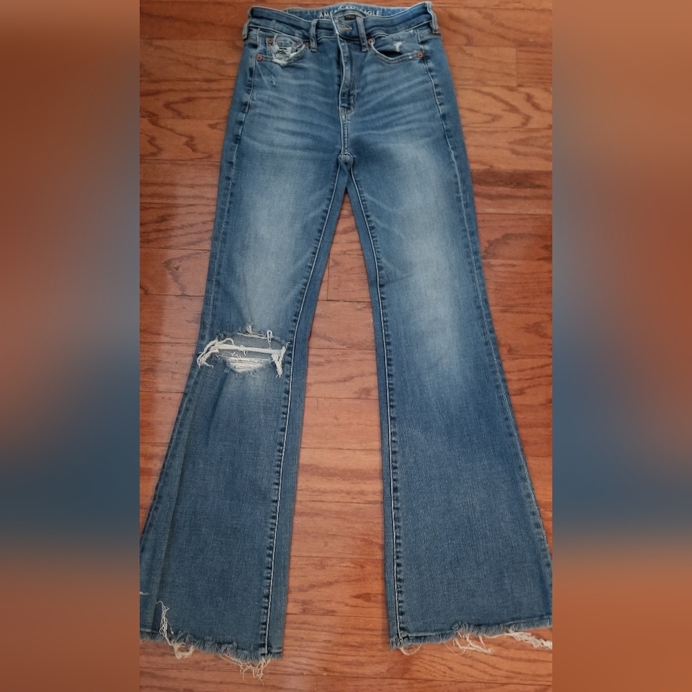 American Eagle Outfitters Medium Blue Flared Distressed Jeans Size 0
